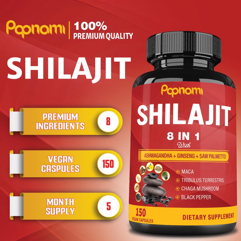 Papnami Shilajit Himalayan Supplement for Men & Women - 150 Capsules Combined Ashwagandha, Ginseng, Saw Palmetto, Maca, Tribulus, Chaga & Black Pepper - Vitality Energy and Immune Supports - Image 2